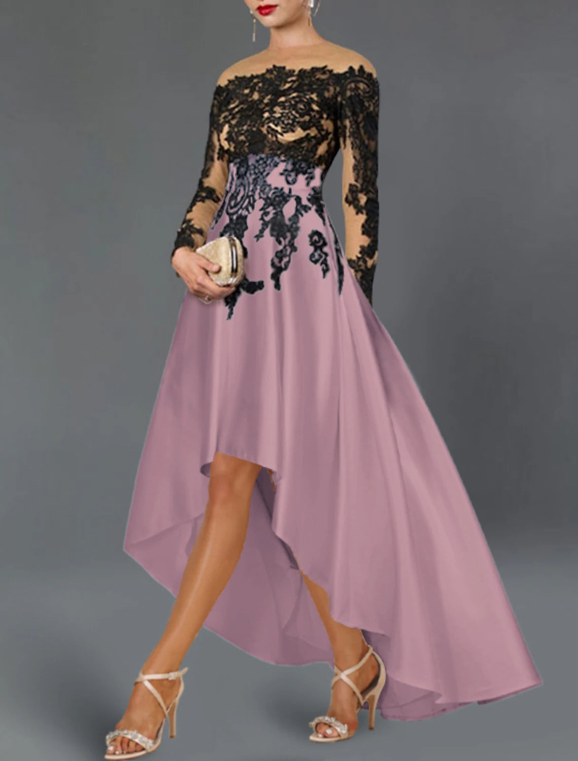 Vestidos de cóctel de corte A, elegantes, para bodas, semi formales, asimétricos, de manga larga y hombros descubiertos, para invitados de boda de otoño, de satén con apliques bordados y cuentas.