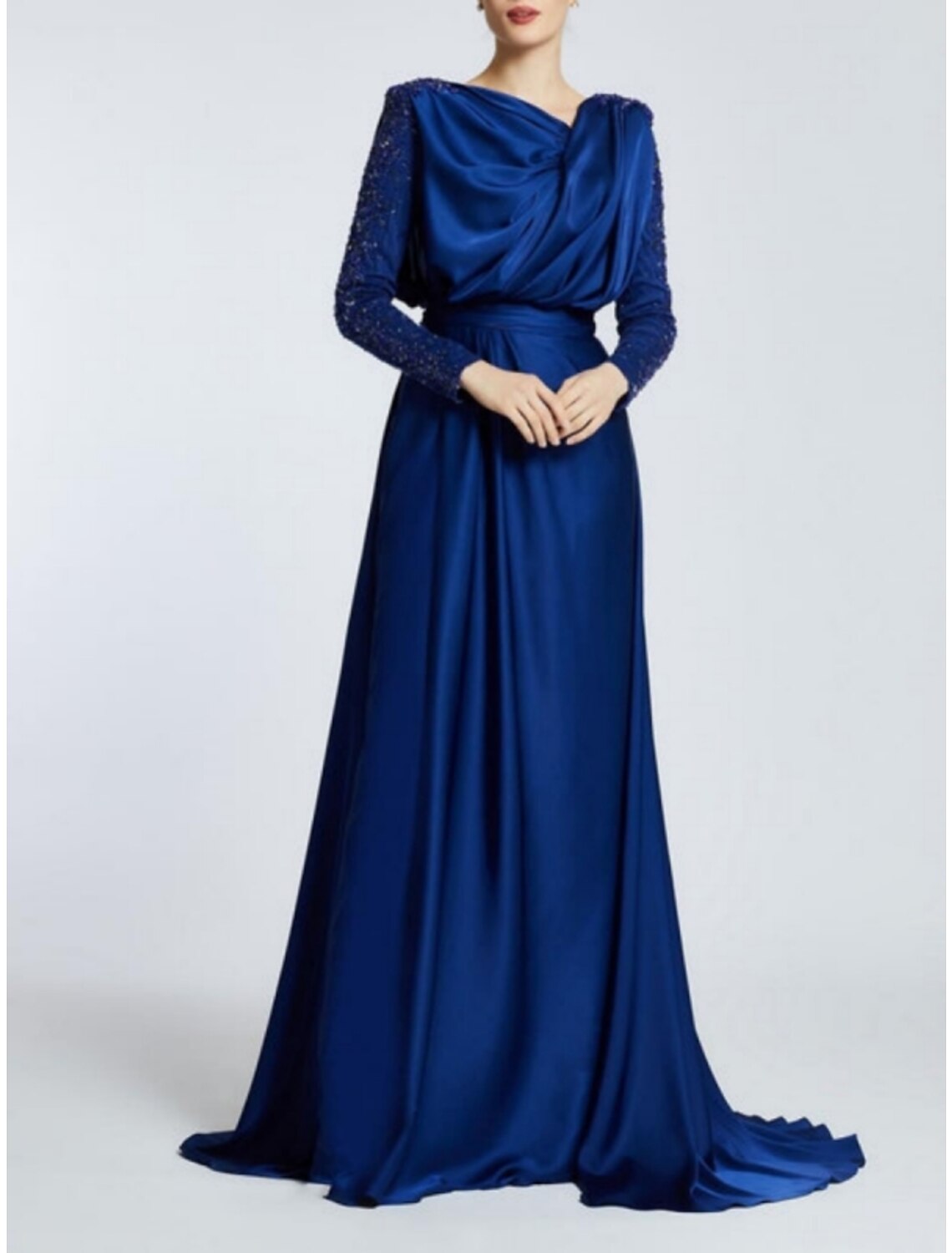 Vestido de noche negro de corte A, vestido elegante de talla grande, vestido formal con cola larga, cuello joya, satén con pliegues y lentejuelas