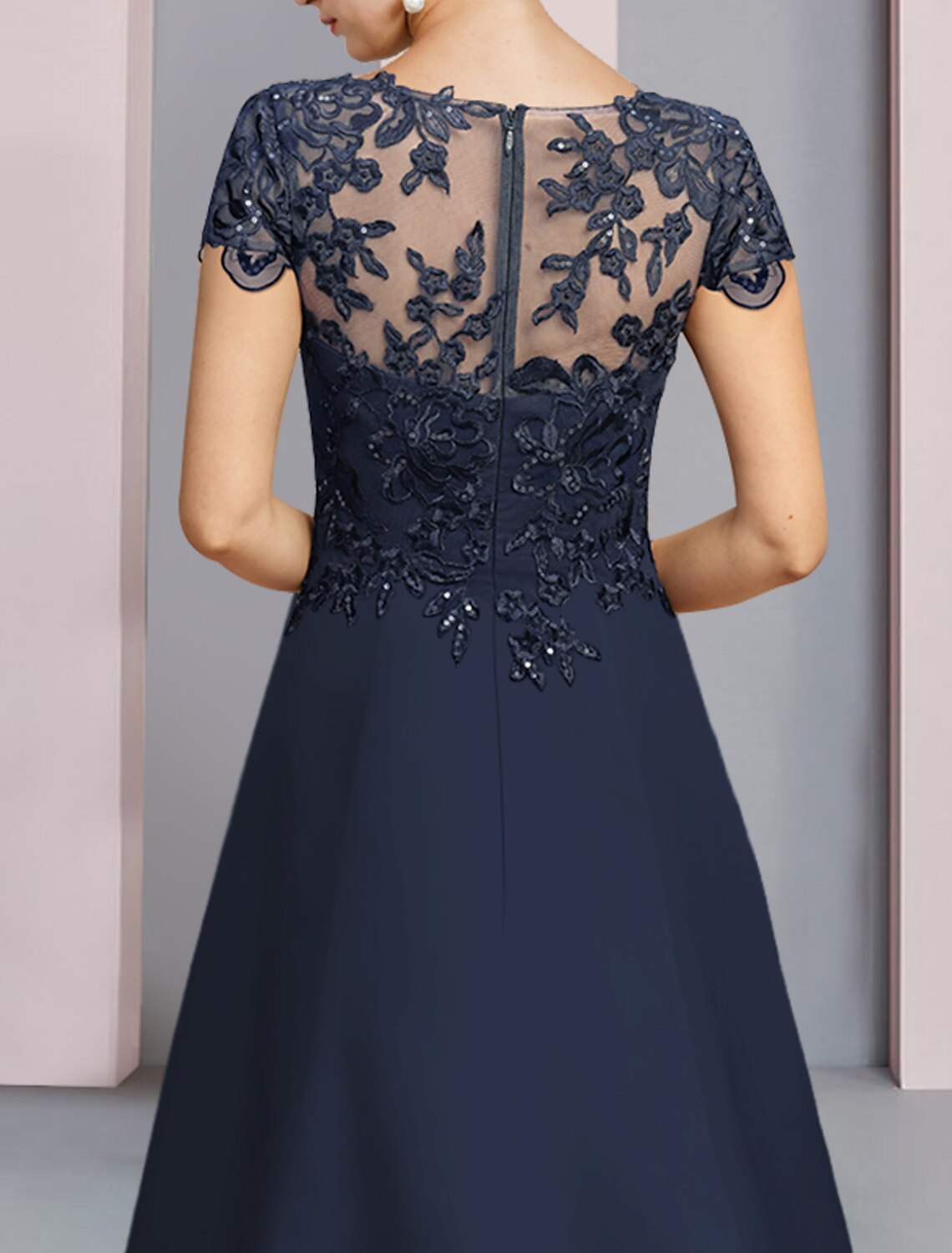 Dark Navy Chiffon A-Line Floor-Length Evening Dress | Lace & Illusion Neck