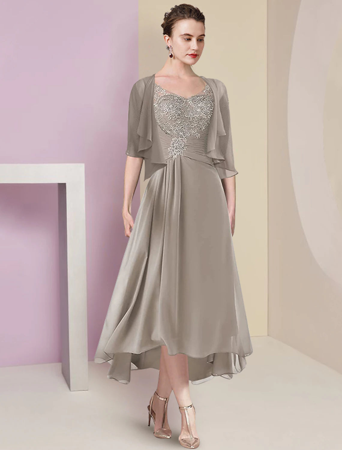 Grey Chiffon Asymmetrical A-Line Sweetheart Lace Bodice Dress