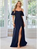 Dark Navy Chiffon Off-the-Shoulder Sweetheart A-Line Floor-Length Bridesmaid Dress with High Slit