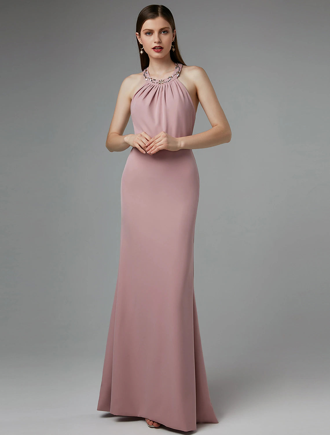 Vestido tubo/columna con espalda hermosa, para invitados de boda, graduación, largo hasta el suelo, sin mangas, cuello halter, licra, espalda cruzada con cuentas