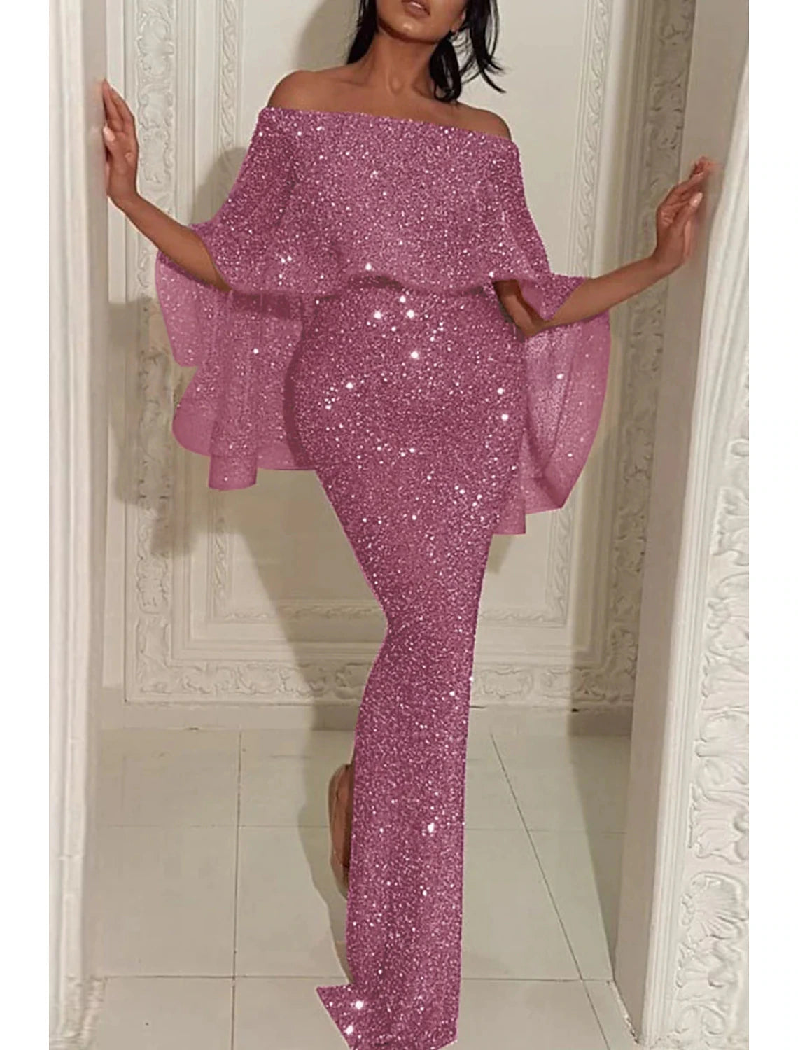 Vestido de noche sirena/trompeta con brillo y brillo, vestido formal para invitada de boda, cola larga/cepillo, sin mangas, hombros descubiertos, capa con lentejuelas y abertura para lentejuelas 2025