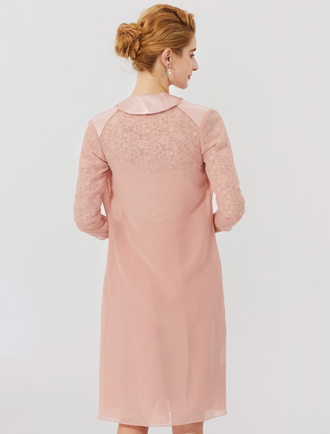 Vestido de baile para madre de la novia, formal, clásico y atemporal, elegante y lujoso, convertible, cuello ilusión, largo hasta la rodilla, gasa, encaje floral, manga 3/4 con broche de cristal