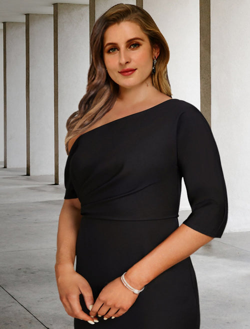 Black Crepe One Shoulder Floor-Length Sheath/column Dress with Cold Shoulder and Draped Bodice