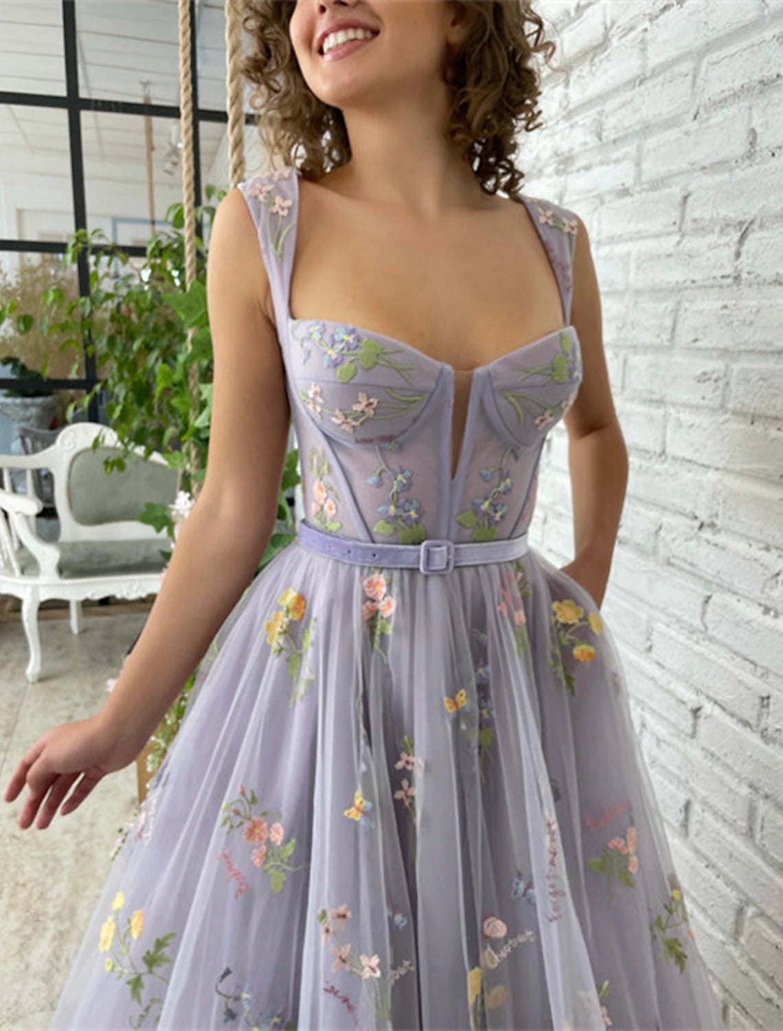 Abiti da ballo a trapezio, abiti floreali, da sera, formali, per compleanni, lunghi fino al pavimento, maniche corte, scollo quadrato, per invitati a nozze, in pizzo con pieghe e applicazioni