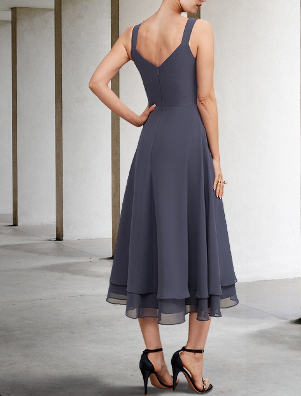 A-Line Mother of the Bride Dress Elegant V Neck Tea Length Chiffon Lace Sleeveless Jacket Dresses with Tier Solid Color