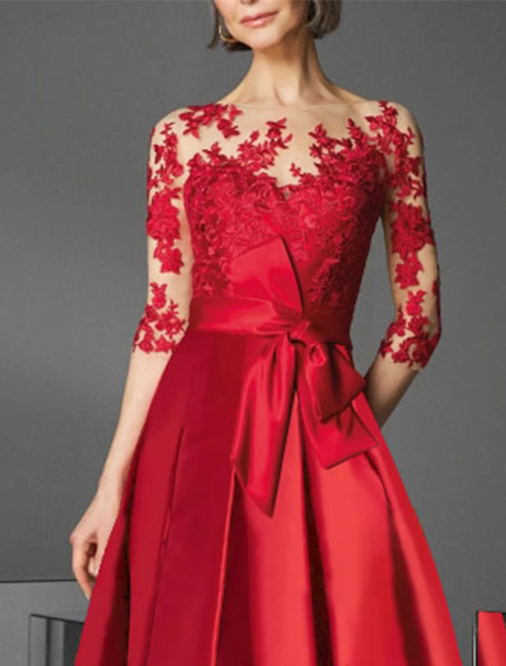 Red Lace A-Line Tea-Length Evening Dress with Bow Waist