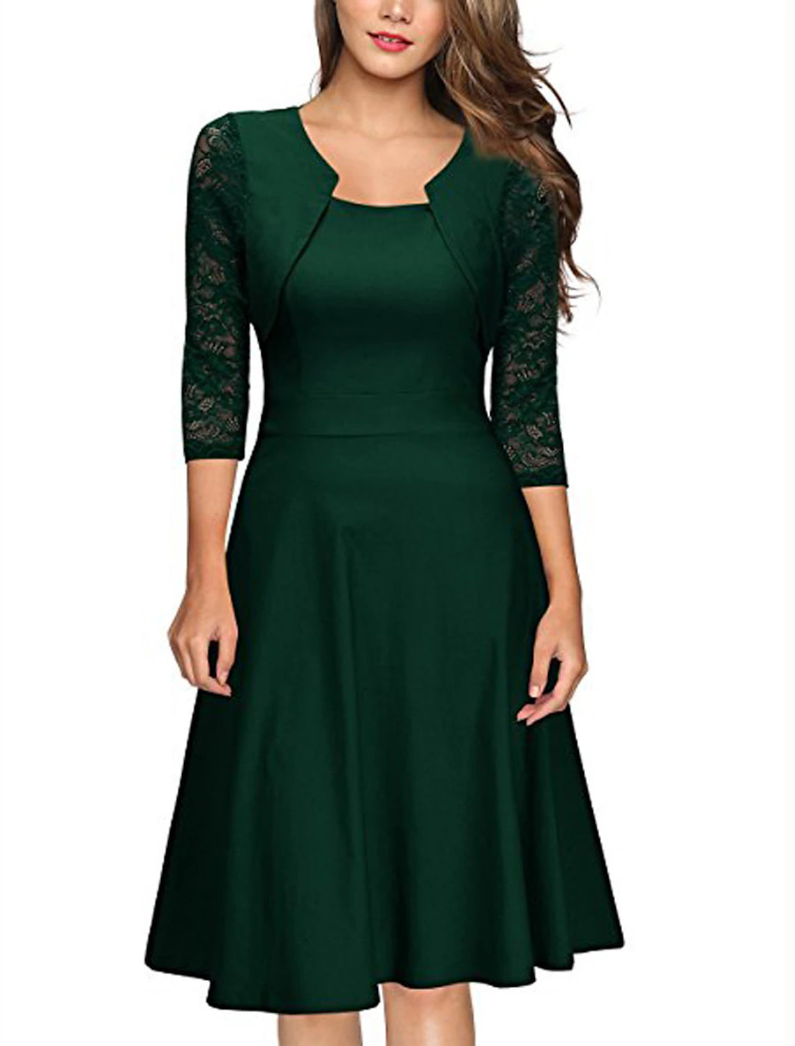 Vestidos de cóctel de corte A, elegantes vestidos de fiesta, vestidos de cóctel hasta la rodilla, mangas 3/4, cuello joya, para invitados de boda de otoño, de algodón con volantes