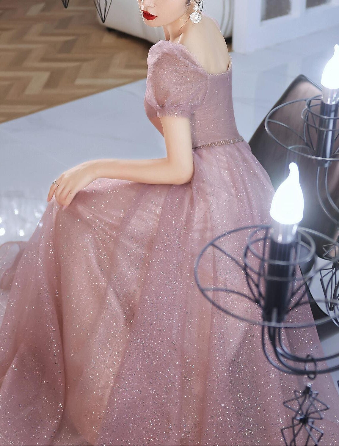 Abito da ballo elegante, da sera, formale, con scollo a cuore, manica corta, lunghezza pavimento, in pizzo con perline, 2025 / manica a palloncino a sbuffo