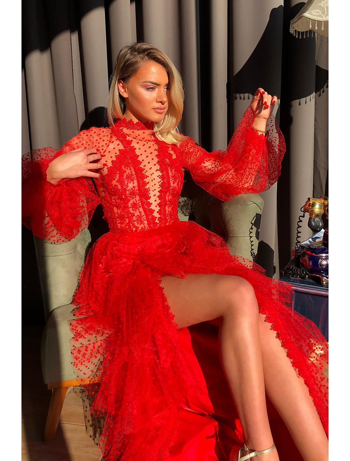 Red Lace High Neck A-Line High-Low Evening Dress with Lace Bodice and Puff Sleeves