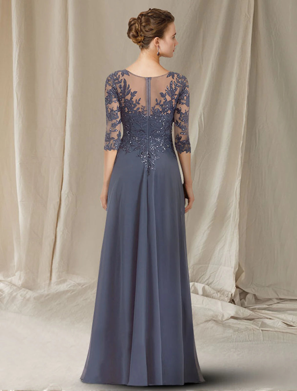 Vestido elegante de madre de la novia de corte A, escote en V, largo hasta el suelo, de gasa, encaje con lentejuelas, media manga con apliques de lentejuelas
