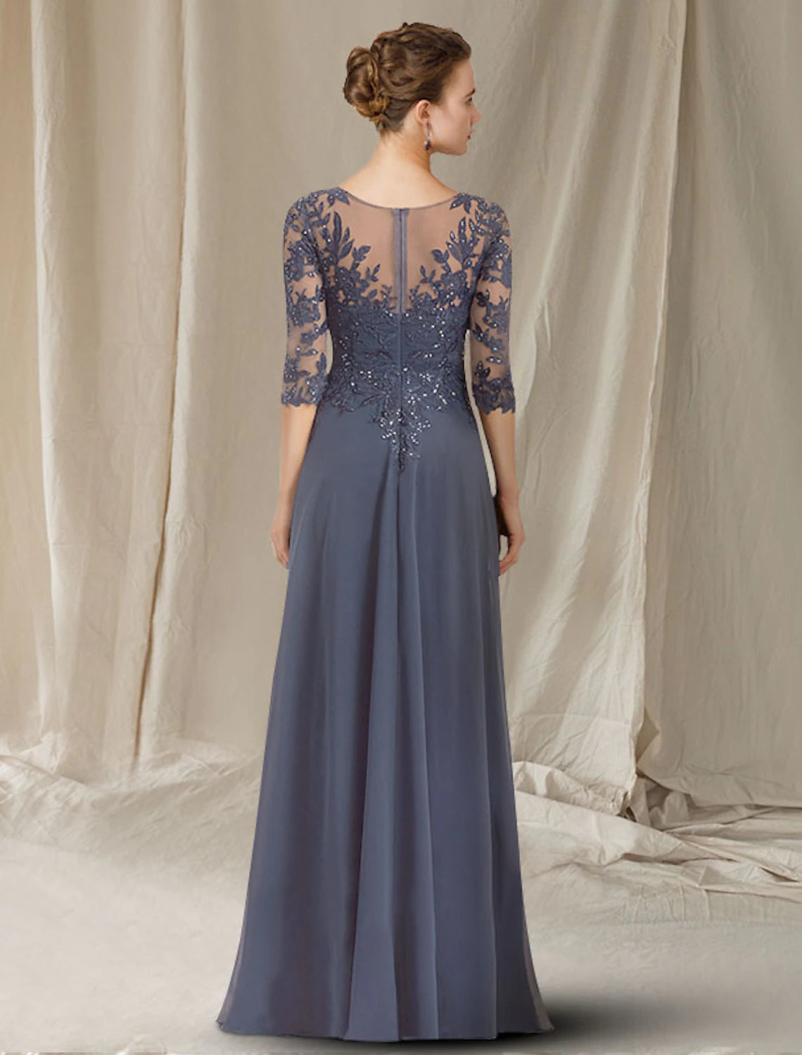 Vestido elegante de madre de la novia de corte A, escote en V, largo hasta el suelo, de gasa, encaje con lentejuelas, media manga con apliques de lentejuelas