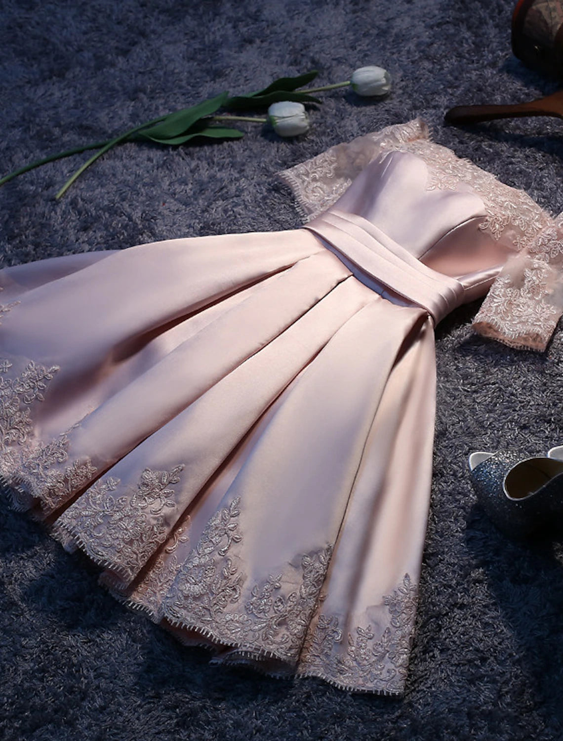 Blushing Pink Satin Off-the-Shoulder A-Line Short Dress with Lace Sleeves