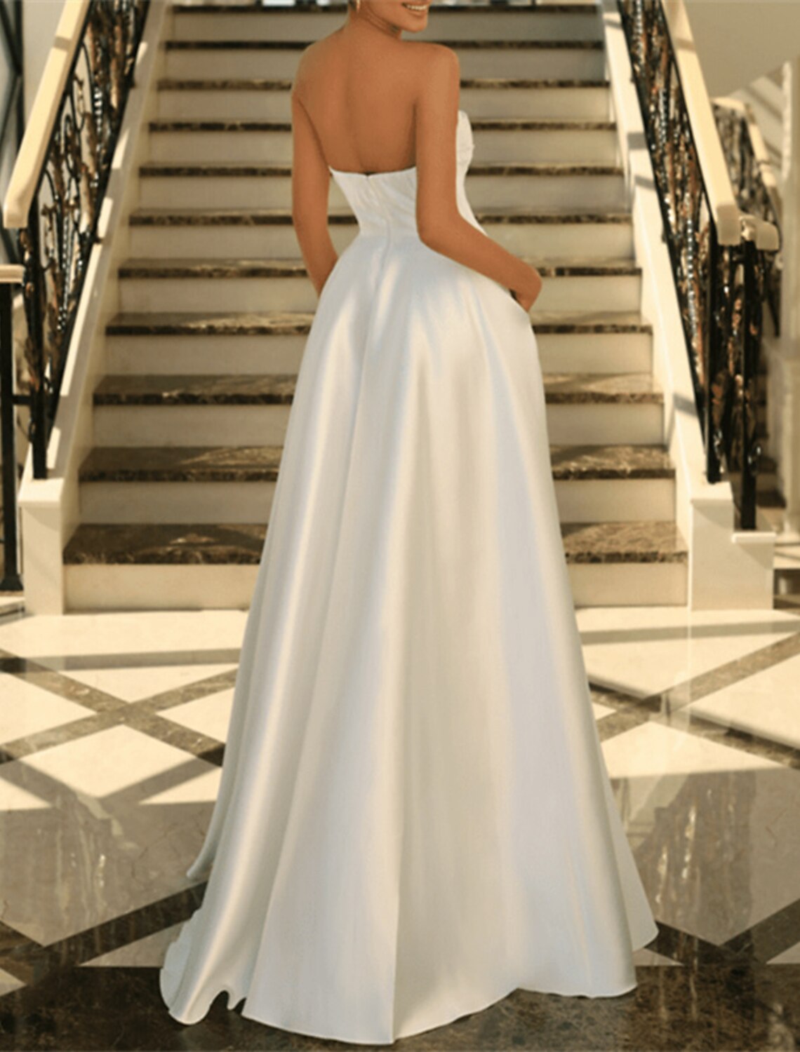 Abito da sera a trapezio, elegante abito nero, taglie forti, formale, in maschera, lungo fino al pavimento, senza maniche, senza spalline, in raso con spacco arricciato