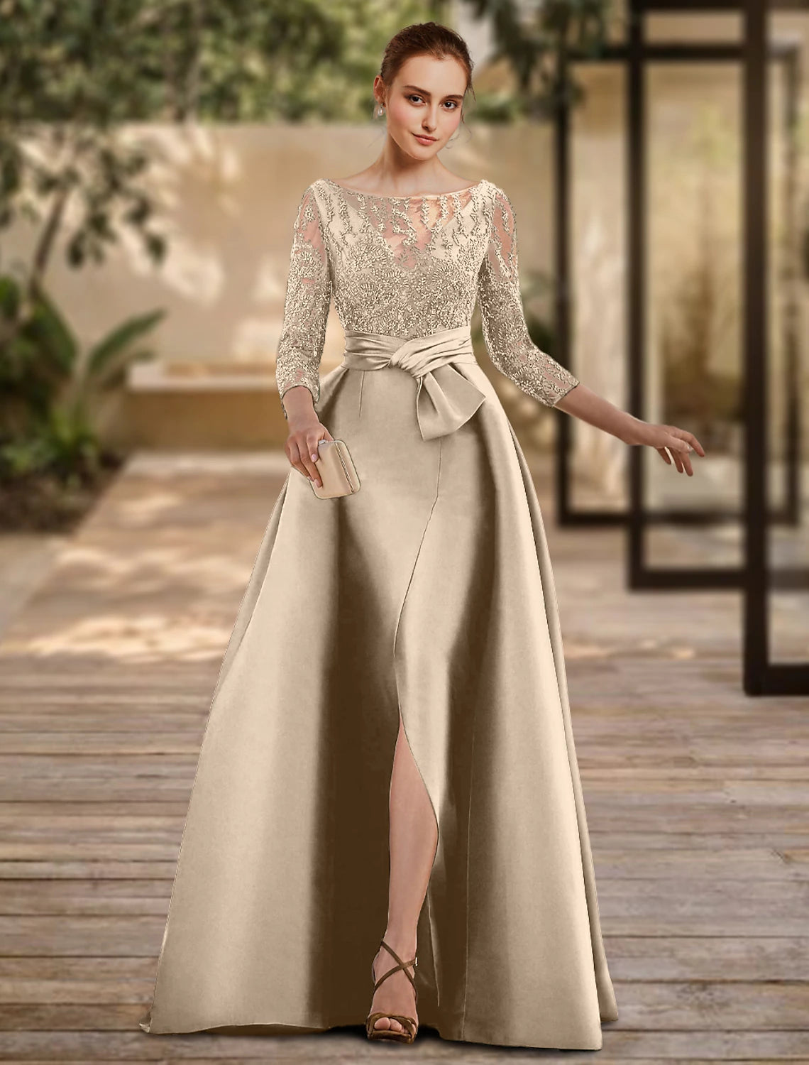 Olive Green Satin A-Line Evening Dress with Illusion Neck & Embroidered Sleeves