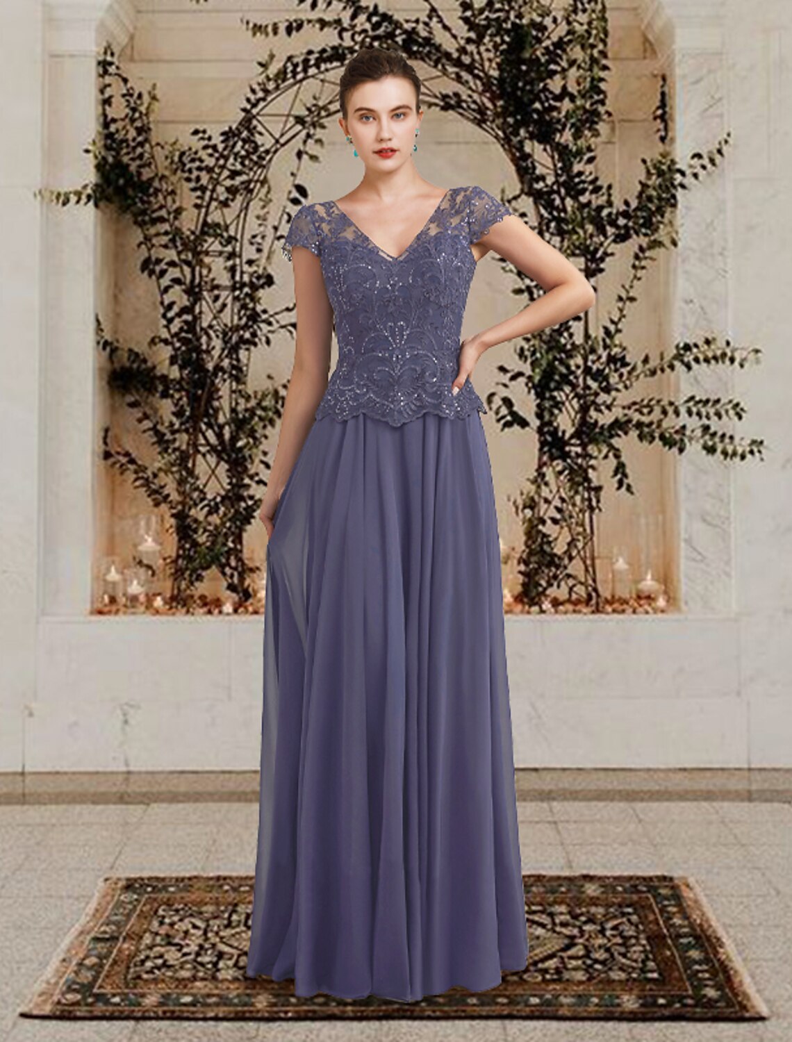 Abito da madre della sposa a trapezio, elegante, taglie forti, con scollo a V, lunghezza al pavimento, in chiffon, pizzo, paillettes, maniche corte con applicazioni a pieghe