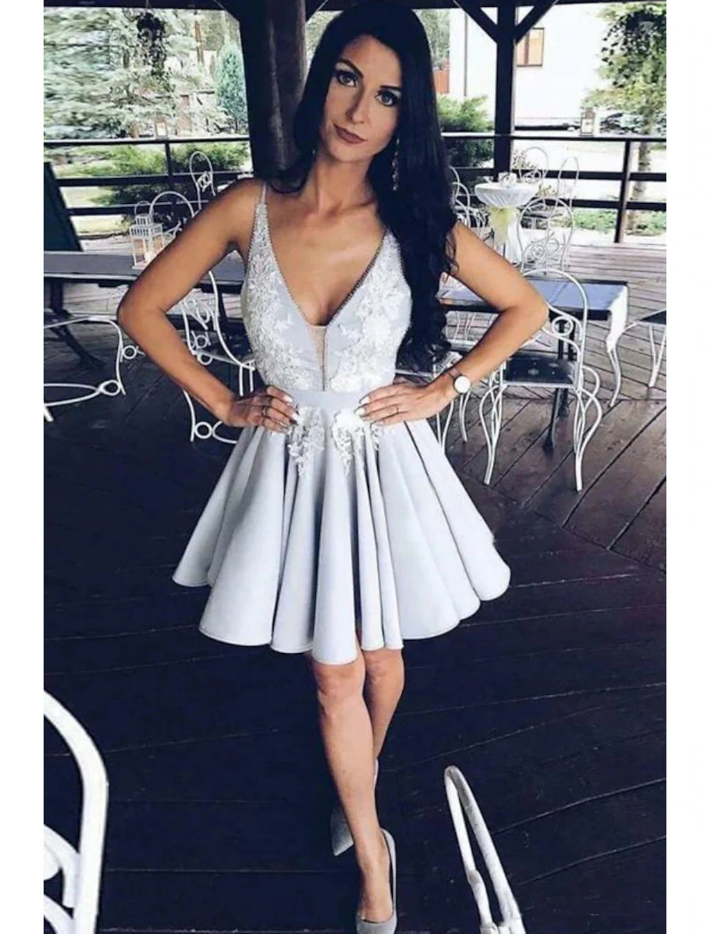 Grey Satin Lace Short A-Line V-Neck Evening Dress with Lace Appliques and Pleated Skirt