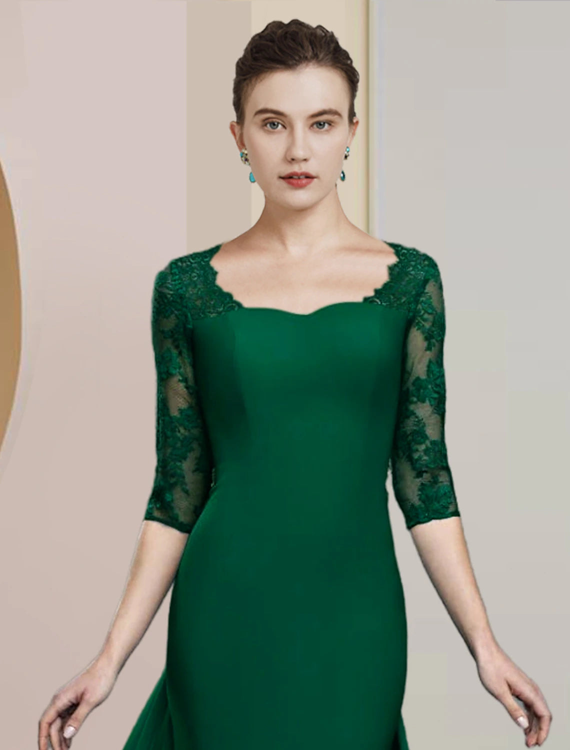 Vestido de madre de la novia con corte tubo/columna, elegante, escote redondo, largo hasta el suelo, de gasa, con encaje, media manga y apliques.