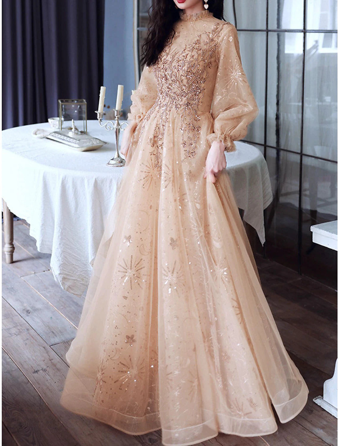 Vestido de noche formal de compromiso elegante con corte A brillante, cuello alto, manga larga, largo hasta el suelo, de tul con lentejuelas