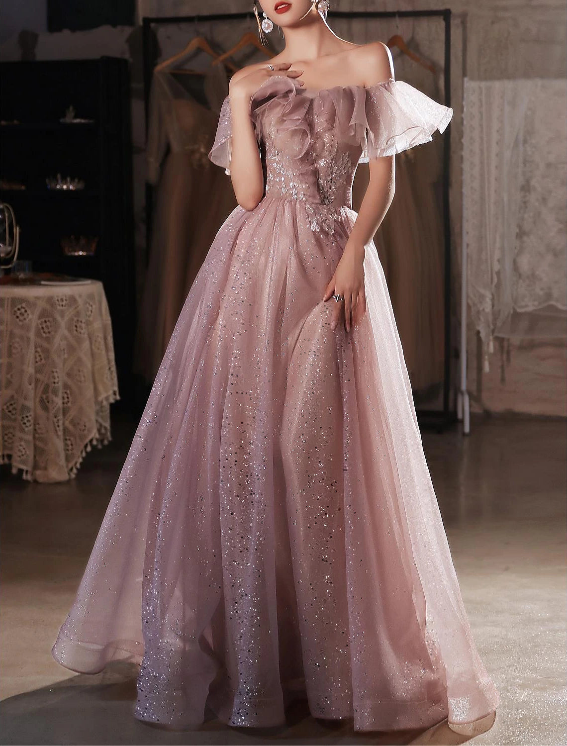 Vestido elegante de fiesta, formal, de noche, de cumpleaños, con hombros descubiertos, manga corta, largo hasta el suelo, de encaje con apliques, con espalda hermosa