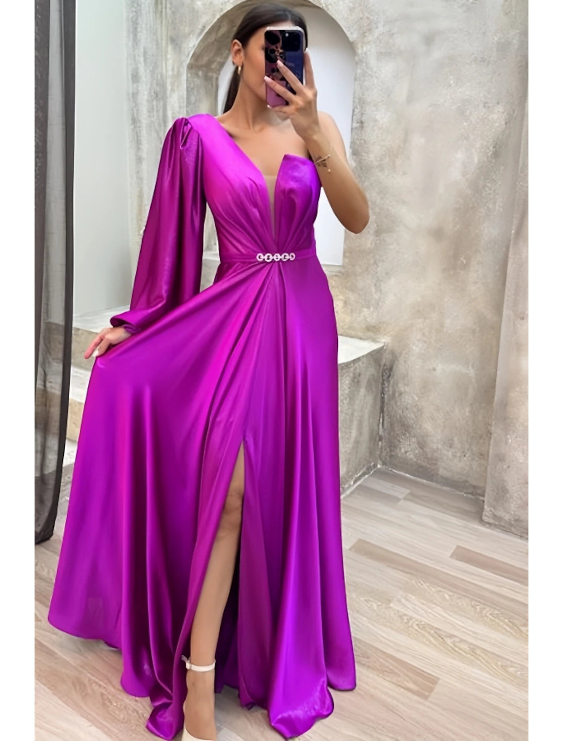 Black Satin One-Shoulder V-Neck Floor-Length Evening Gown with High Slit