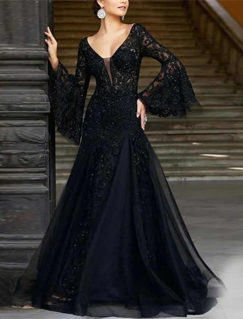 Black Lace Mermaid Floor-Length Evening Dress with V-Neck & Bell Sleeves