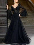 Black Lace Mermaid Floor-Length Evening Dress with V-Neck & Bell Sleeves