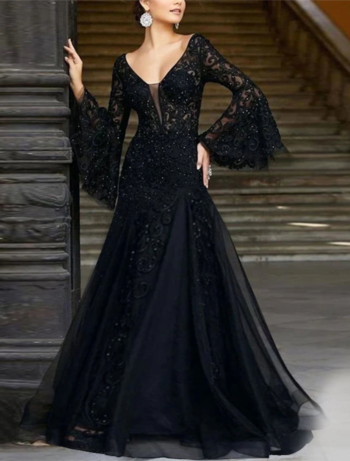 Black Lace Mermaid Floor-Length Evening Dress with V-Neck & Bell Sleeves
