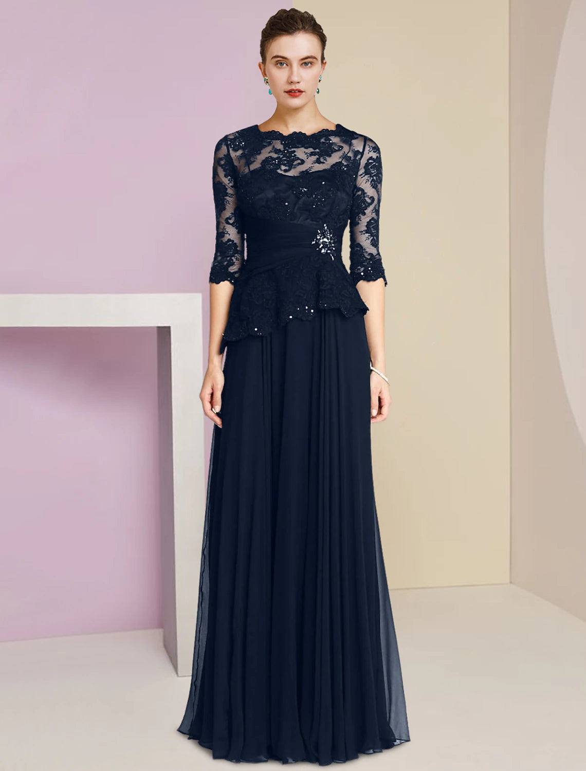 Dark Navy Lace A-Line Floor-Length Evening Dress with Sequins