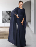 Vestido elegante para madre de la novia, con corte en forma de columna, escote joya, largo hasta el suelo, de gasa, manga larga con apliques de faja o cinta.
