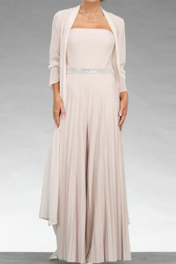 Blushing Pink Chiffon Jumpsuit with Straight Neck & Embellished Waistband for Evening Parties & Wedding Guests