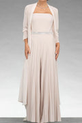 Blushing Pink Chiffon Jumpsuit with Straight Neck & Embellished Waistband for Evening Parties & Wedding Guests