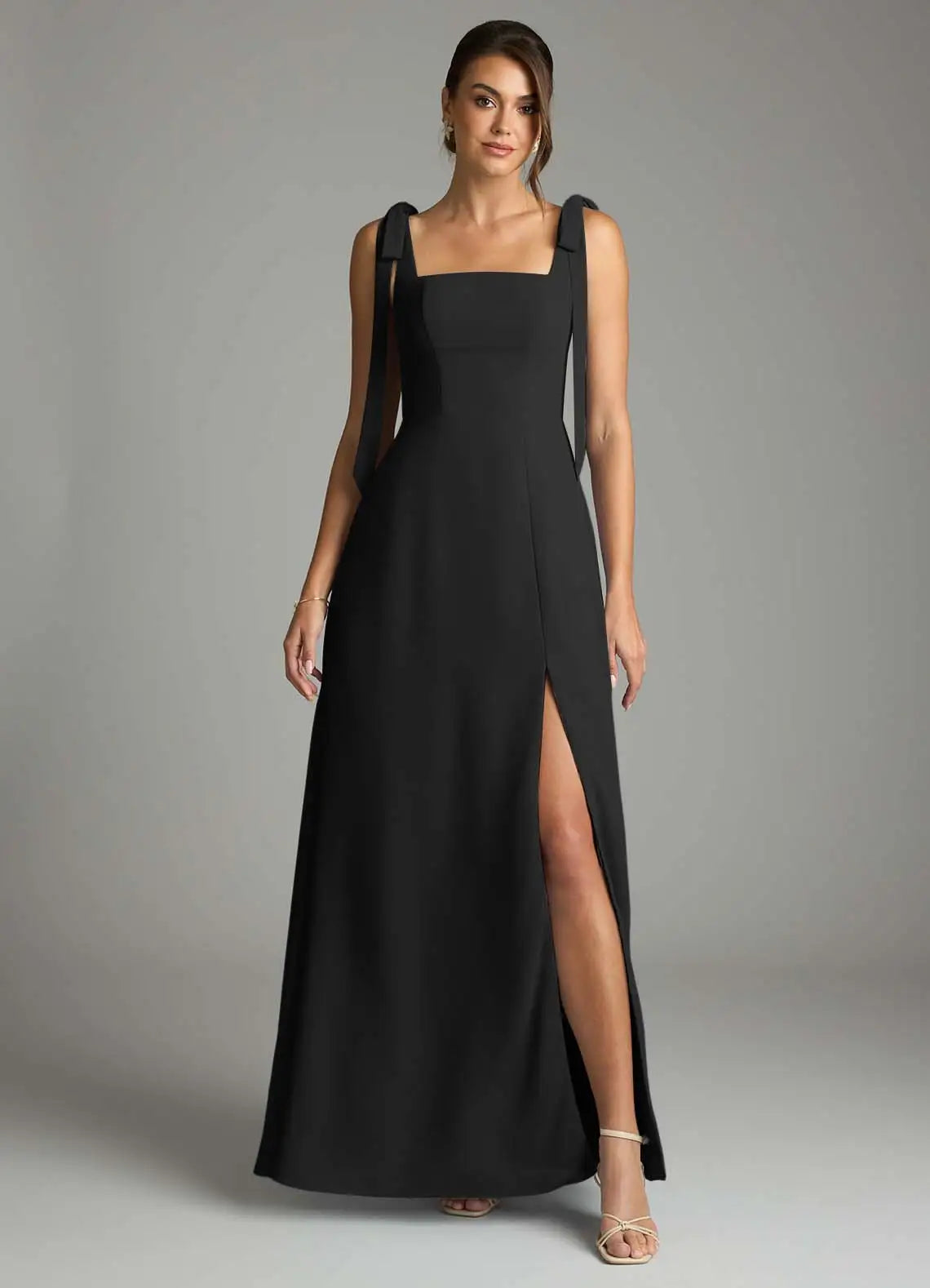 Black Crepe A-Line Square Neck Floor-Length Bridesmaid Dress with Tie-Shoulder Straps