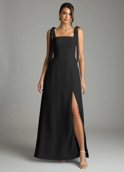 Black Crepe A-Line Square Neck Floor-Length Bridesmaid Dress with Tie-Shoulder Straps