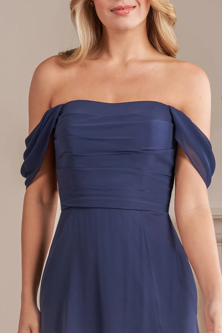 Vestido de dama de honor de longitud media con abertura y corsé ajustado de gasa de poliéster con tirantes colgantes