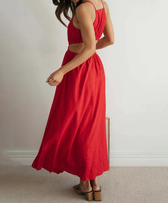 Red Chiffon A-Line Floor-Length Halter Evening Dress with Side Cut-outs & High Slit