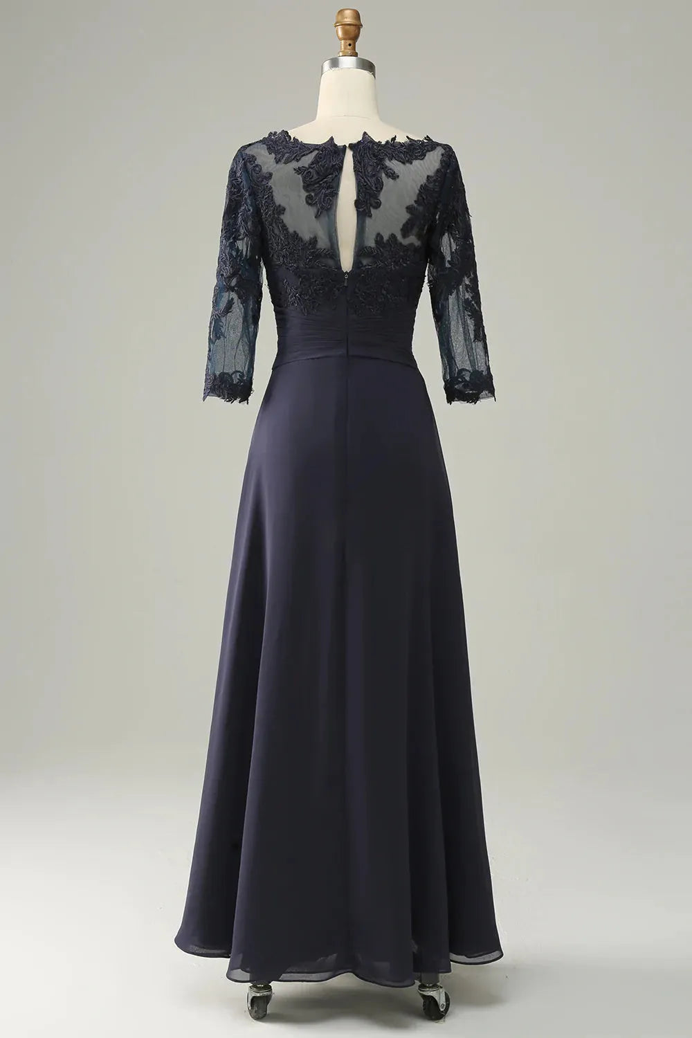 Dark Navy Chiffon A-Line Tea-Length Evening Dress - Lace Bodice & Illusion Neck
