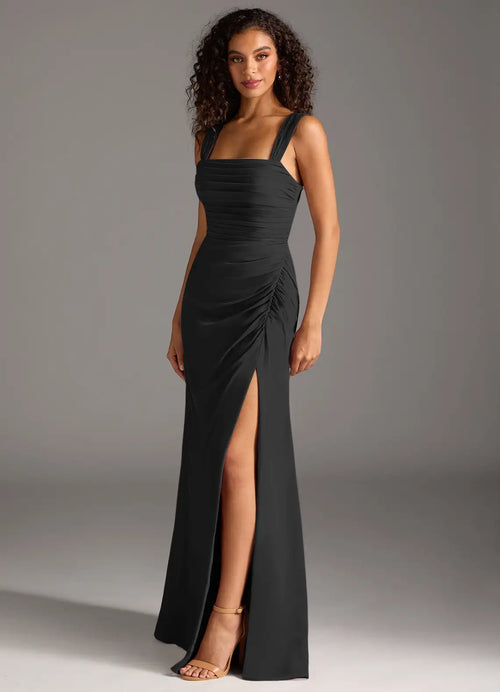 Black Chiffon A-Line Floor-Length Dress with Square Neck, Ruched Bodice & High Slit