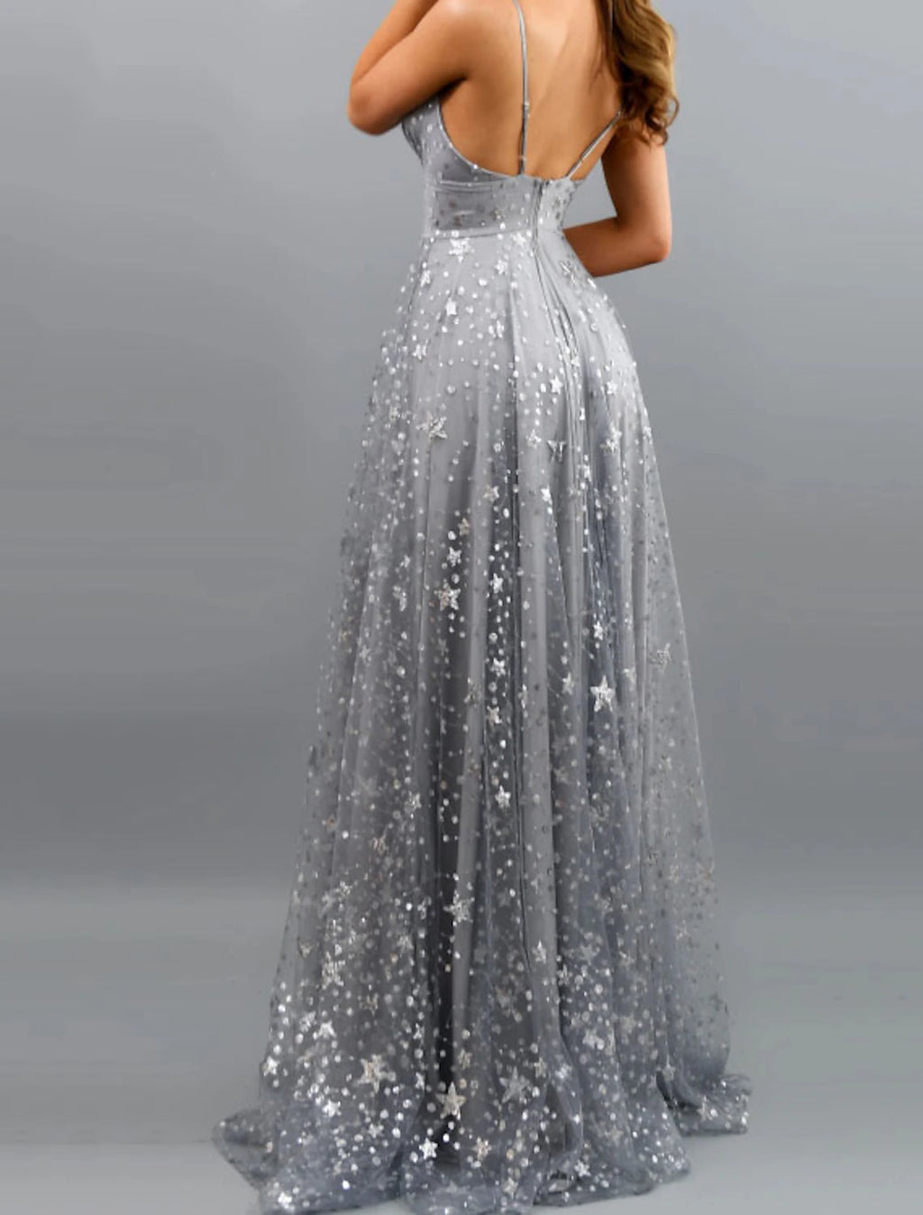 Sky Blue Tulle A-Line Floor-Length Evening Dress with Plunging V-Neck, High Slit & Star Embellishments