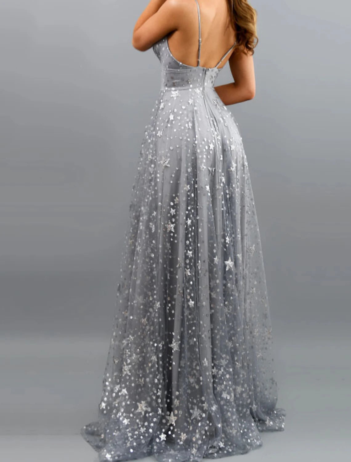 Sky Blue Tulle A-Line Floor-Length Evening Dress with Plunging V-Neck, High Slit & Star Embellishments