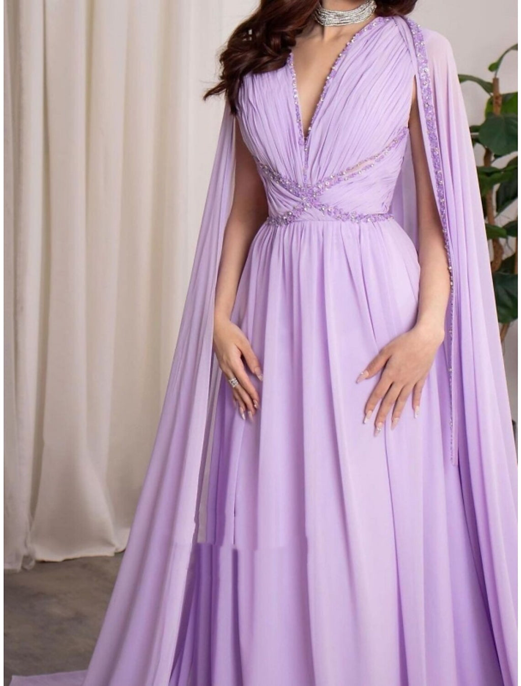 Lavender Chiffon A-Line Floor-Length V-Neck Gown with Pleated Bodice & Flowing Cape Sleeves
