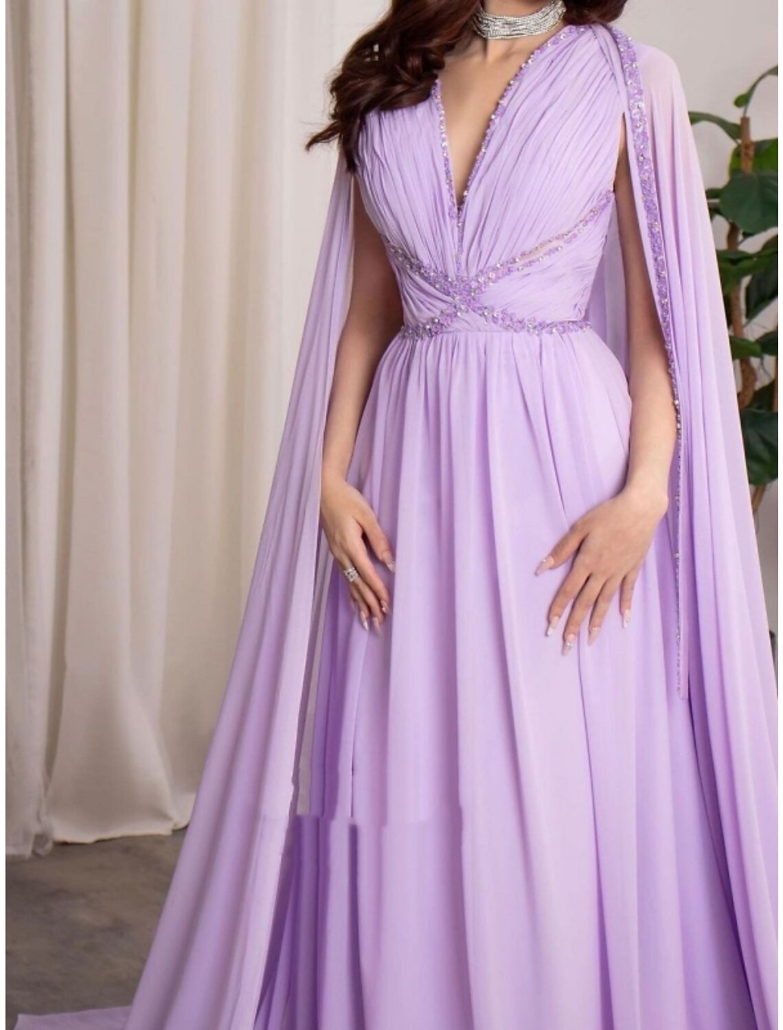 Lavender Chiffon A-Line Floor-Length V-Neck Gown with Pleated Bodice & Flowing Cape Sleeves