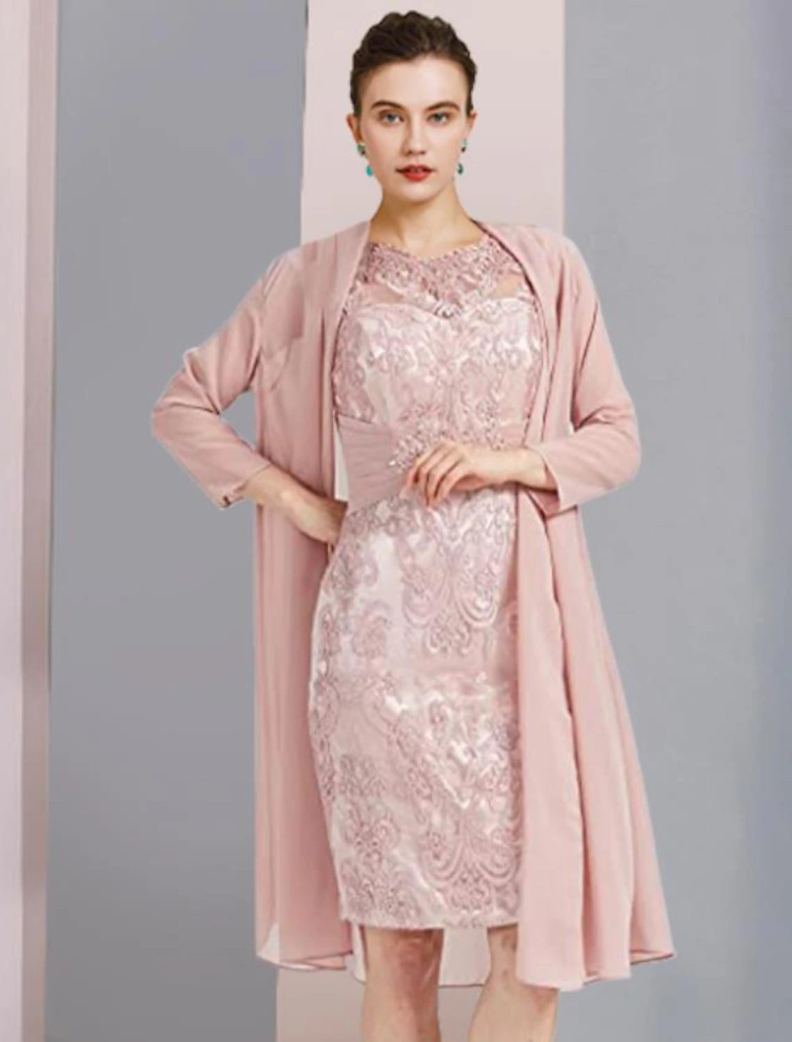 Vestido de dos piezas tipo tubo/columna para madre de la novia, elegante, de escote redondo, largo hasta la rodilla, de gasa, con encaje, sin mangas, con apliques de cuentas