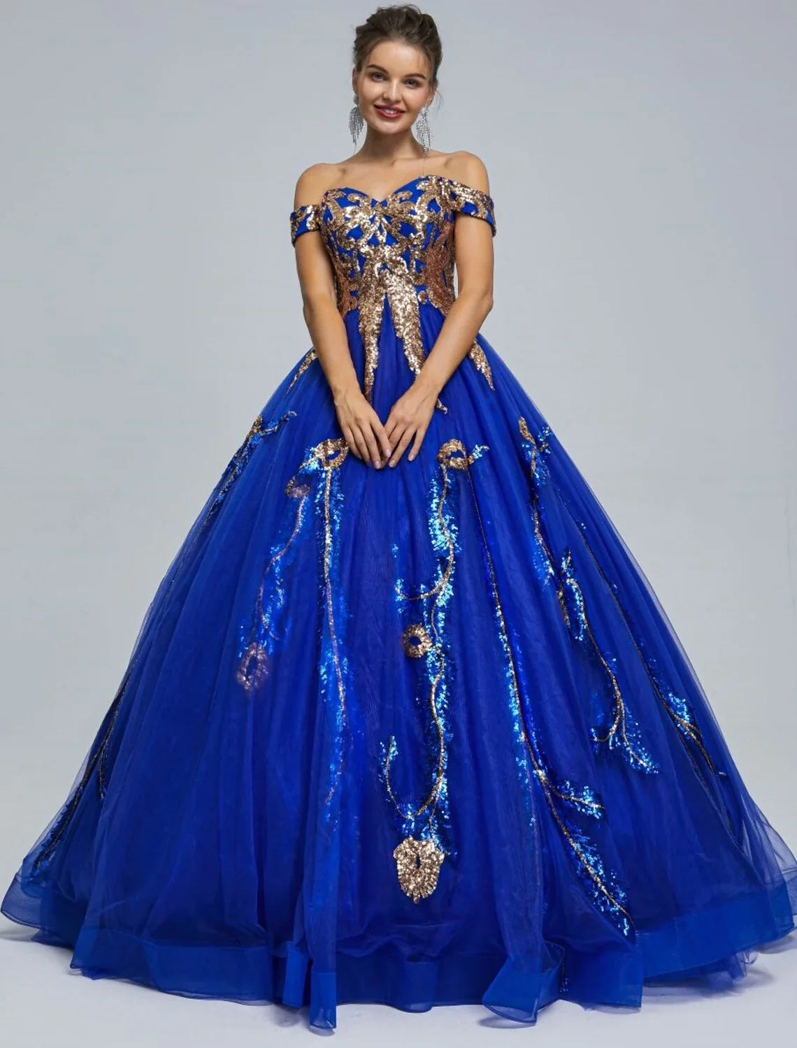 Royal Blue Tulle Ball Gown Floor-Length Evening Dress with Off-the-Shoulder Sweetheart Neckline and Gold Sequin Embellishments