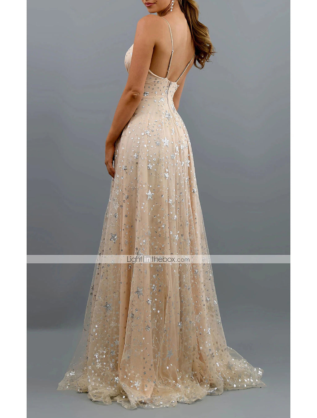 Sky Blue Tulle A-Line Floor-Length Evening Dress with Plunging V-Neck, High Slit & Star Embellishments