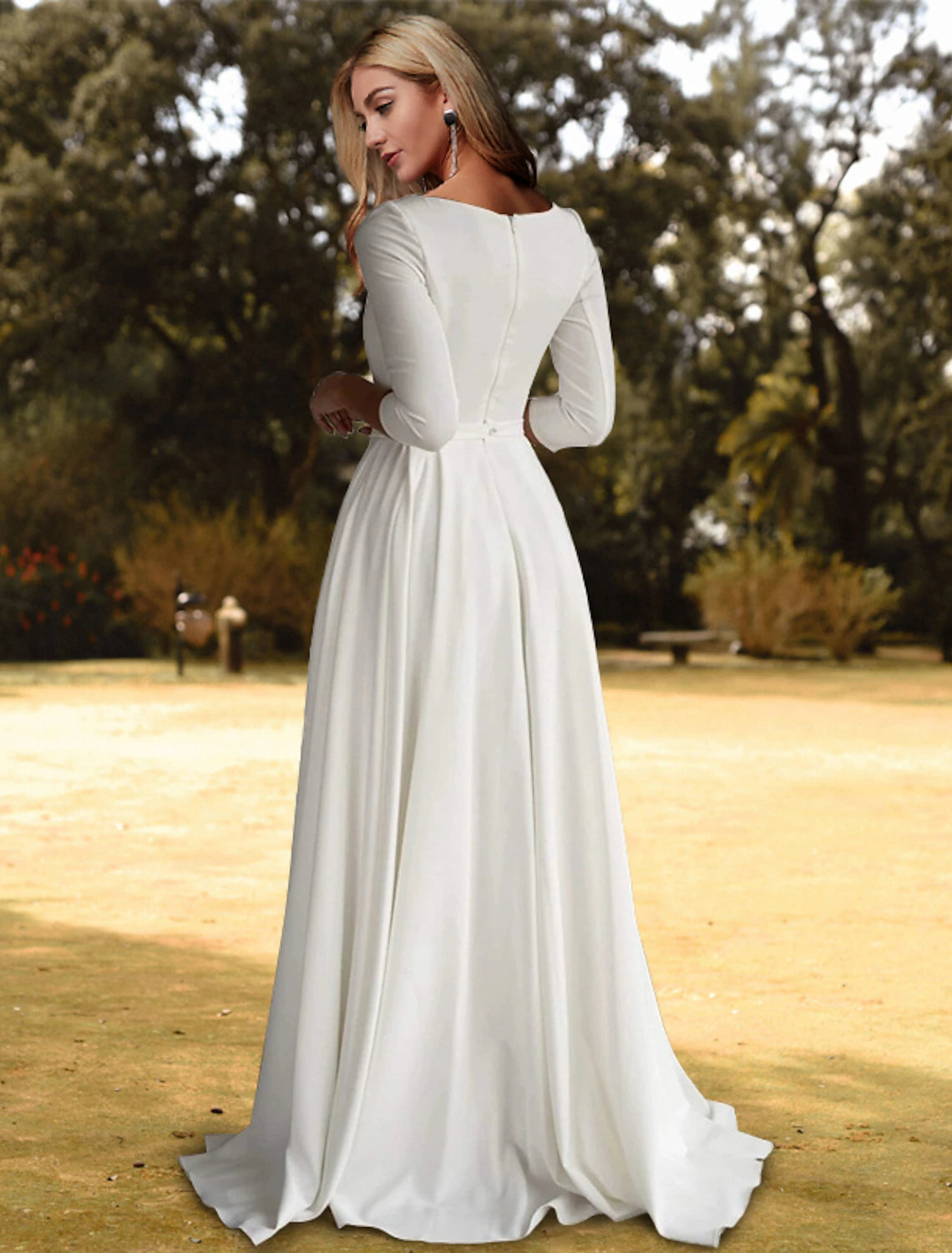 Ivory Satin A-Line Floor-Length Bridesmaid Dress with 3/4 Sleeves
