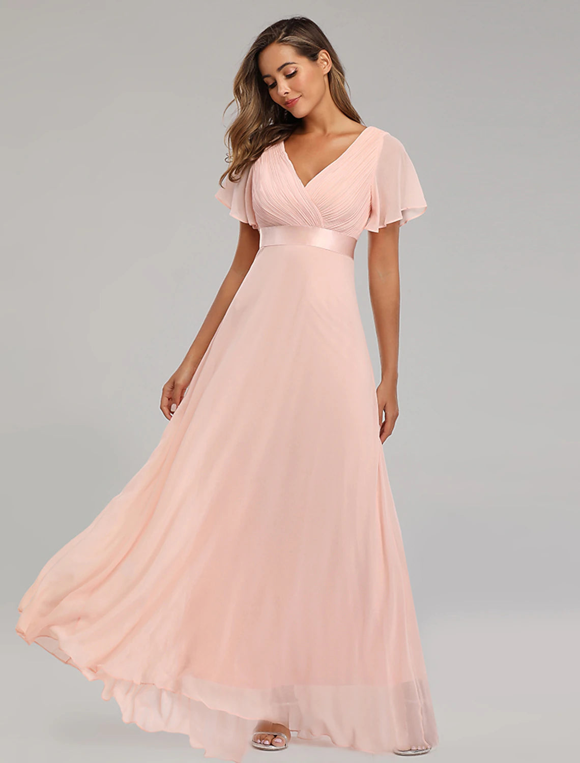 Burgundy Chiffon A-Line Floor-Length Bridesmaid Dress with V-Neck and Flutter Sleeves