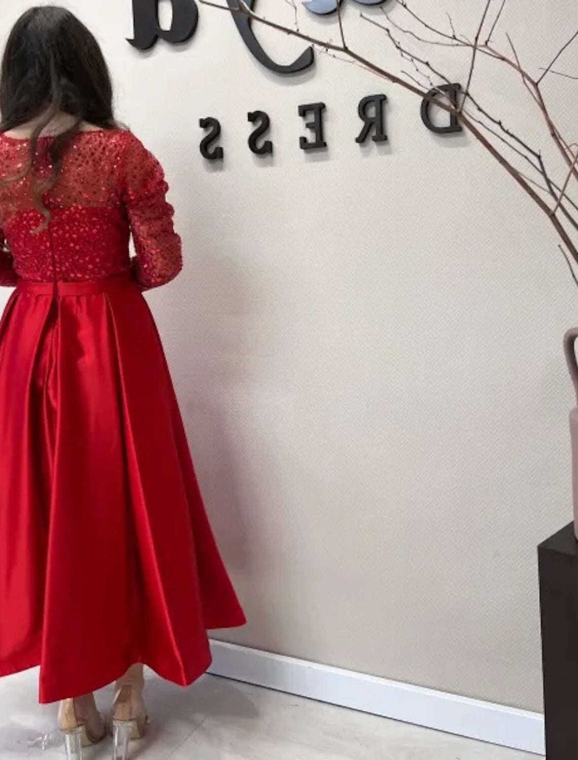 Champagne Sequin Bodice A-Line Tea-Length Satin Dress