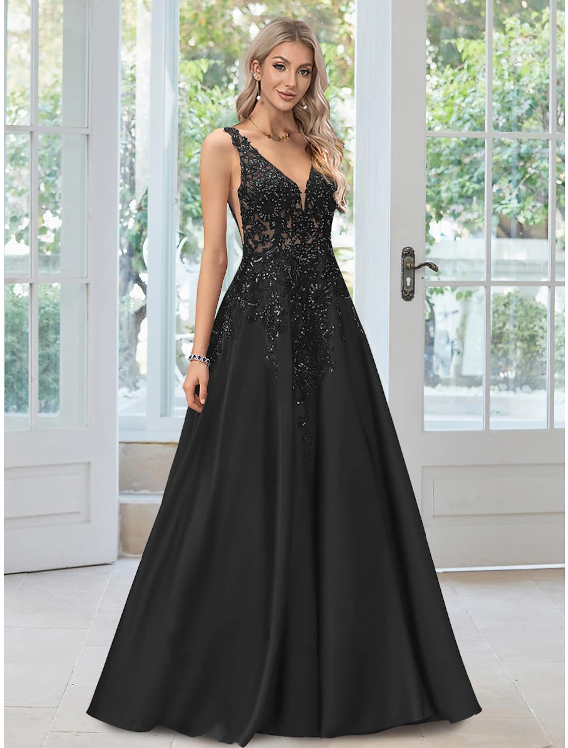 Black Satin A-Line Floor-Length Evening Dress with V-Neck